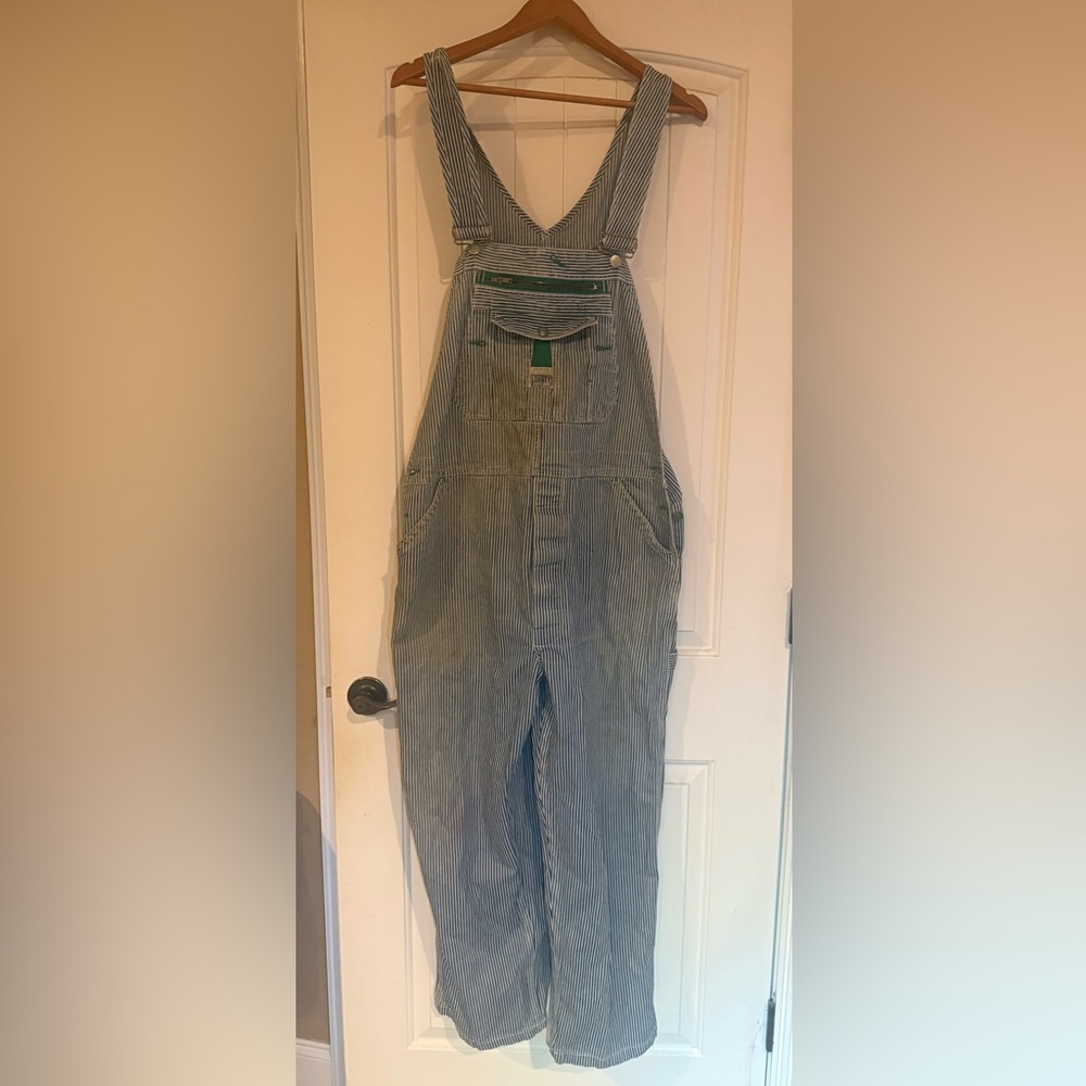 Men’s Vintage Liberty Pinstripe Blue Denim Overalls Size 40 x30 staining & wear